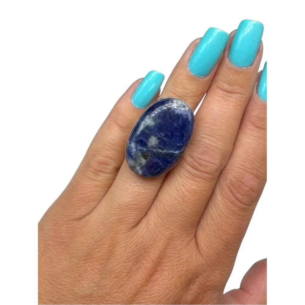 Sodalite Ring Size 5 925 Sterling Silver Overlay Chunky Oval Stone